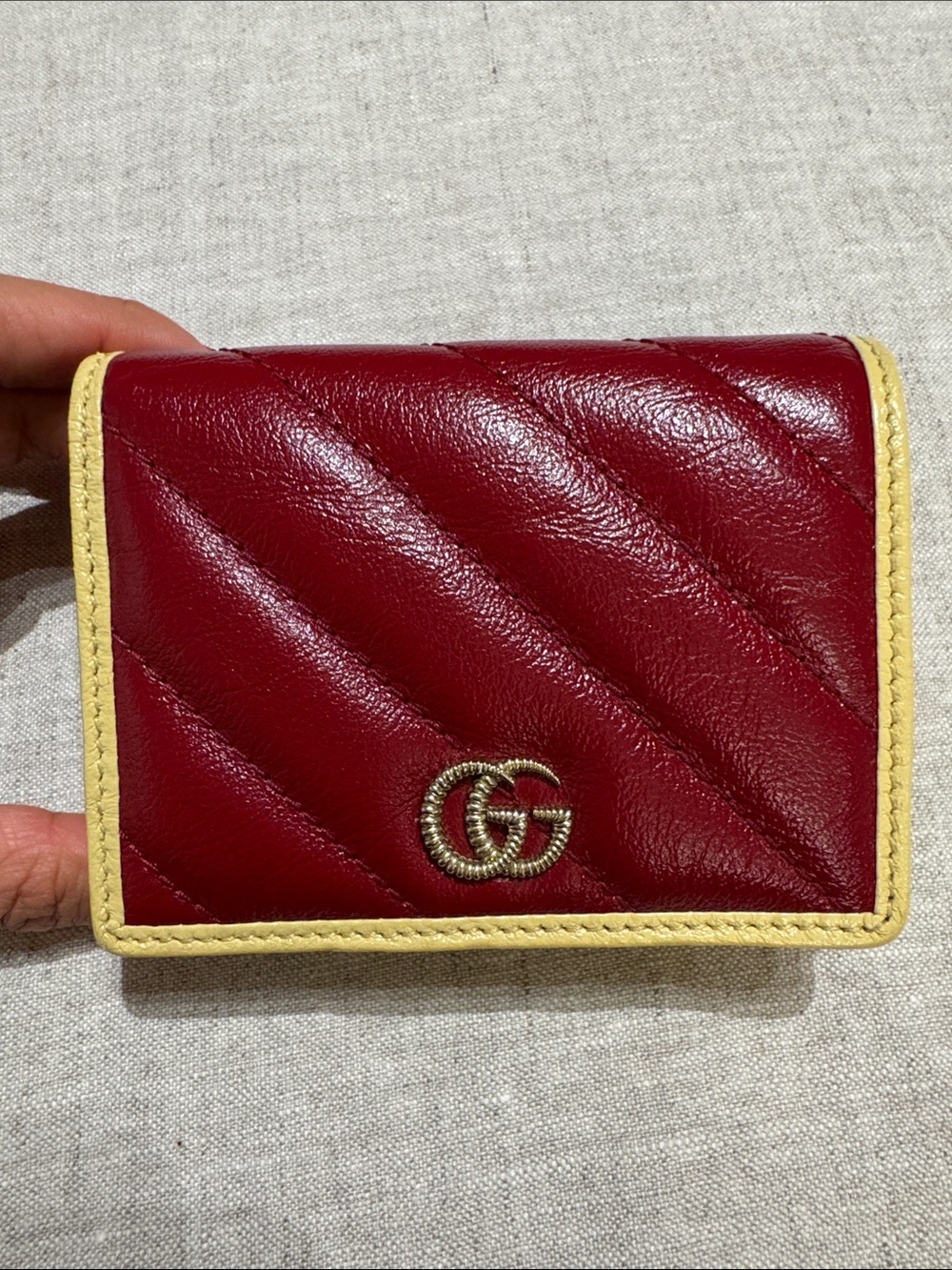 Gucci Burgundy Quilted Leather Bifold Wallet / Card Holder with Yellow Trim